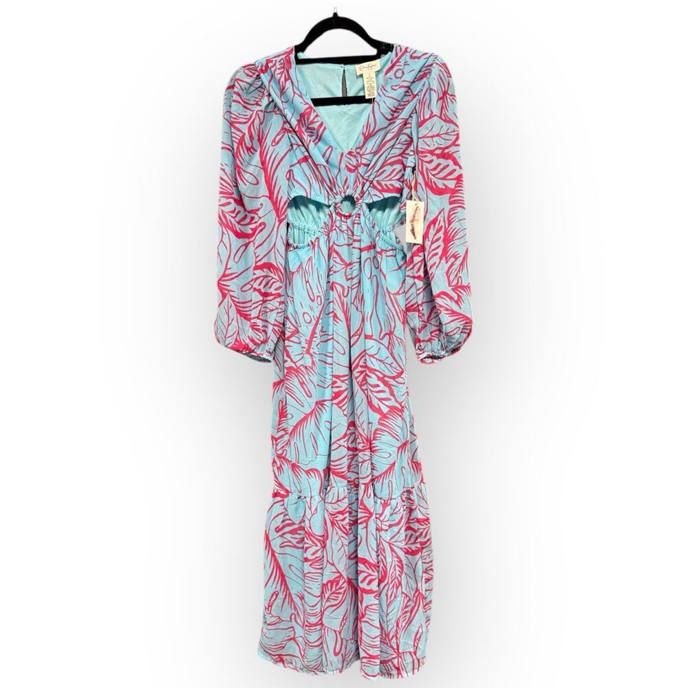 NWT Jessica Simpson Women’s Teal Blue and Pink Floral Chiffon Maxi Dress -Small - Picture 4 of 11